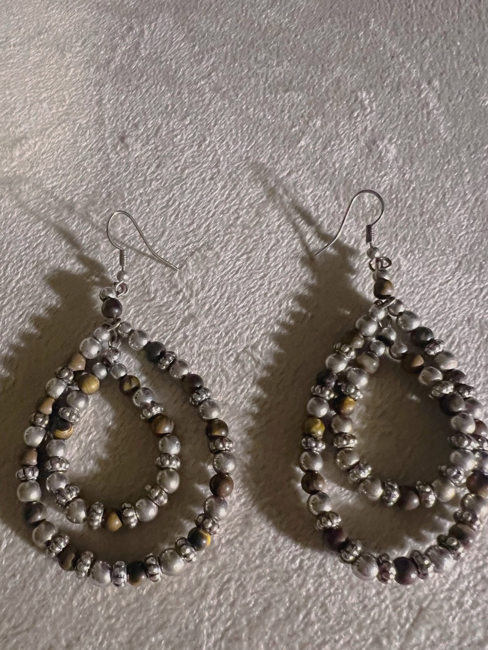Beaded Teardrop Dangle Earrings - Silver & Brown